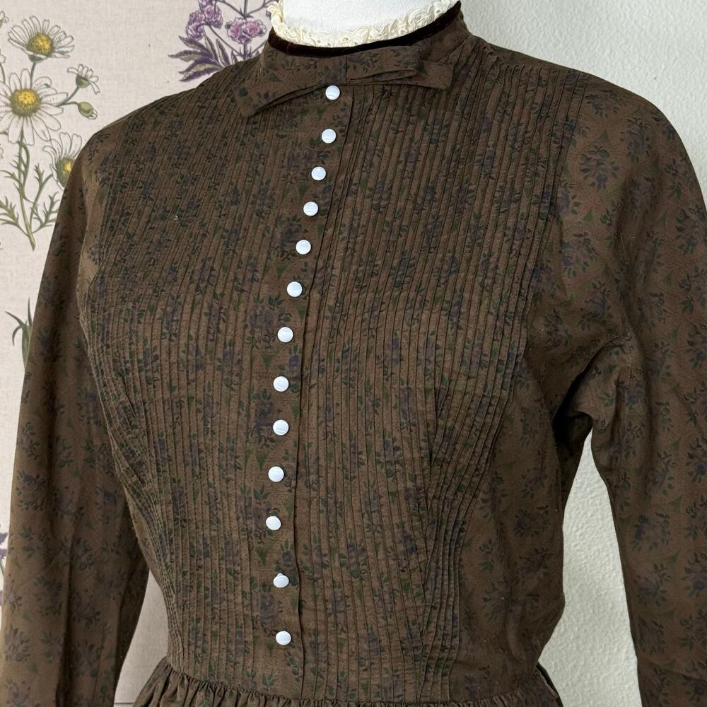 True Vintage 50s Brown Floral A-Line Dress Cottage Prairie Mori Kei Forest XS - Picture 2 of 5